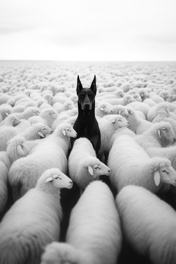 Doberman entre ovelhas — referência de presença