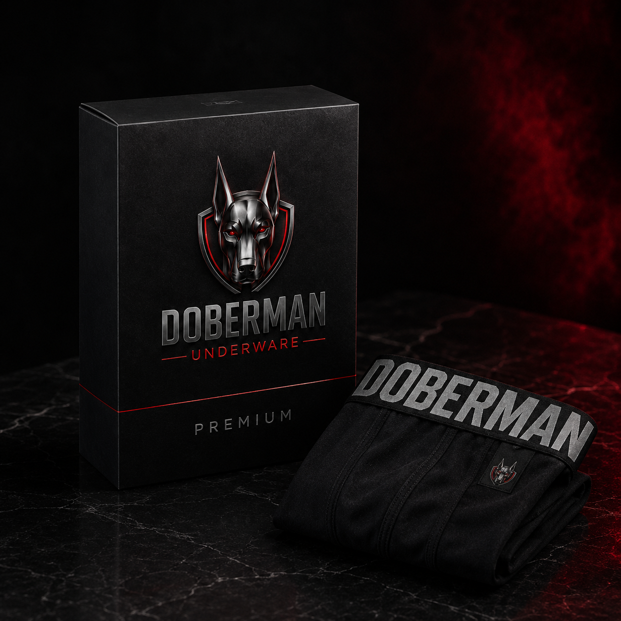 Embalagem premium Doberman e cueca dobrada